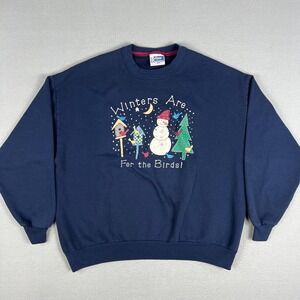 VTG Winters are for the Birds Sweatshirt Fits 2XL Snowman Bird‎ Houses Pine 90s